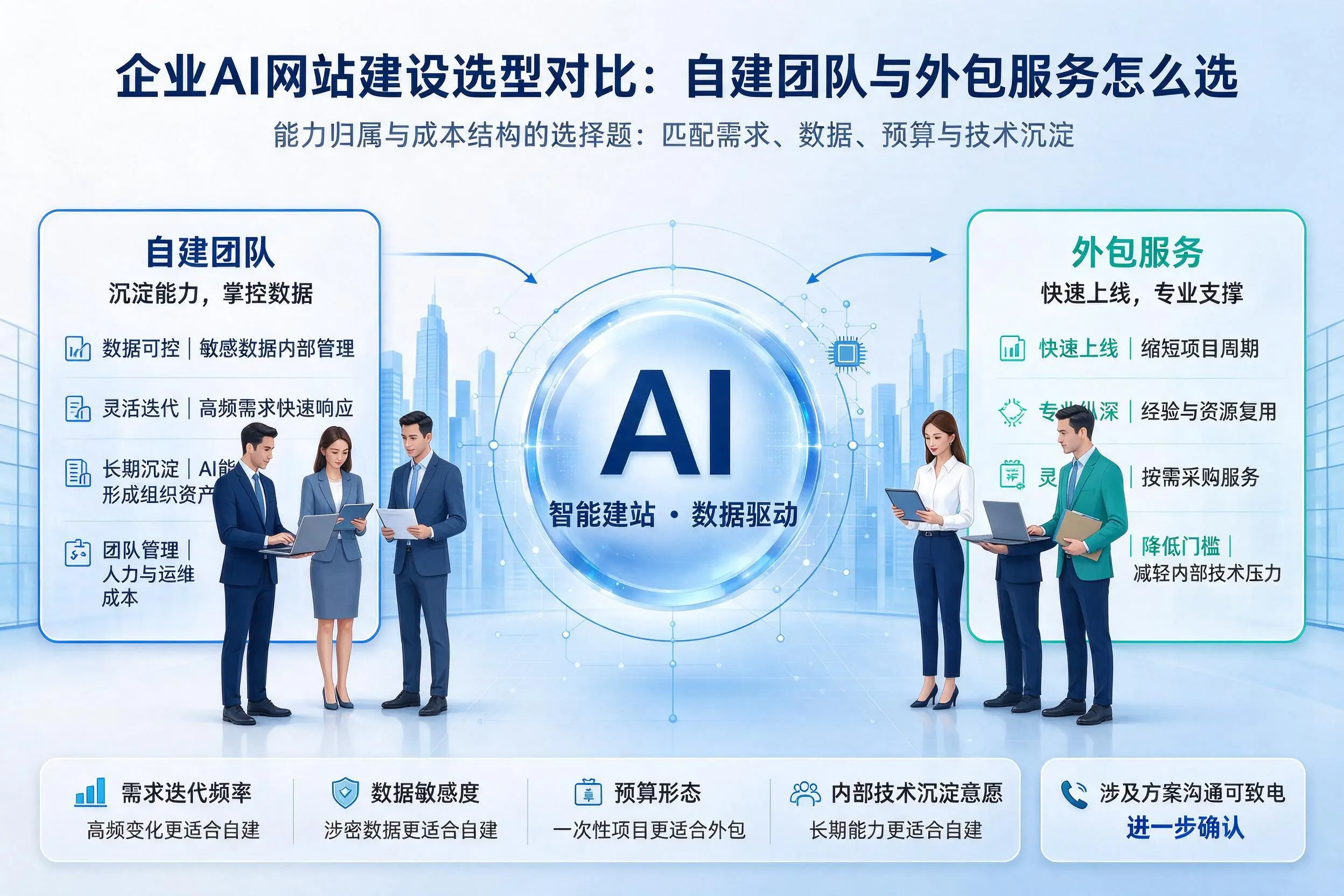 保定企业AI网站建设选型对比：自建团队与外包服务怎么选